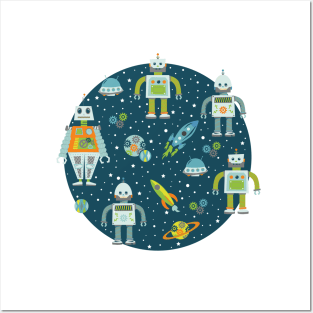 Robots in Space - Blue + Green Posters and Art